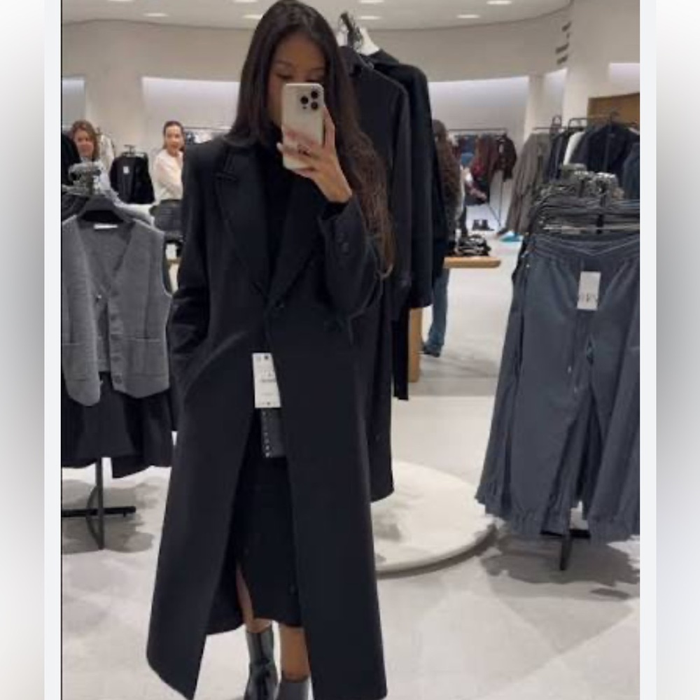 Zara Black Long Dress Pea Coat Size Medium - Picture 10 of 15